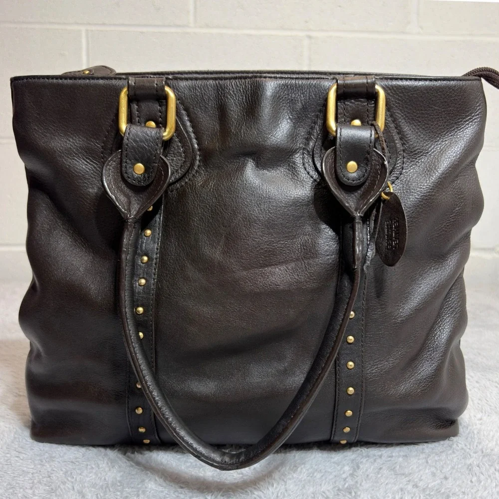 Rolfs Tote Bag Women Large Dark Brown Leather Studded Gold Hardware Shoulder Bag
